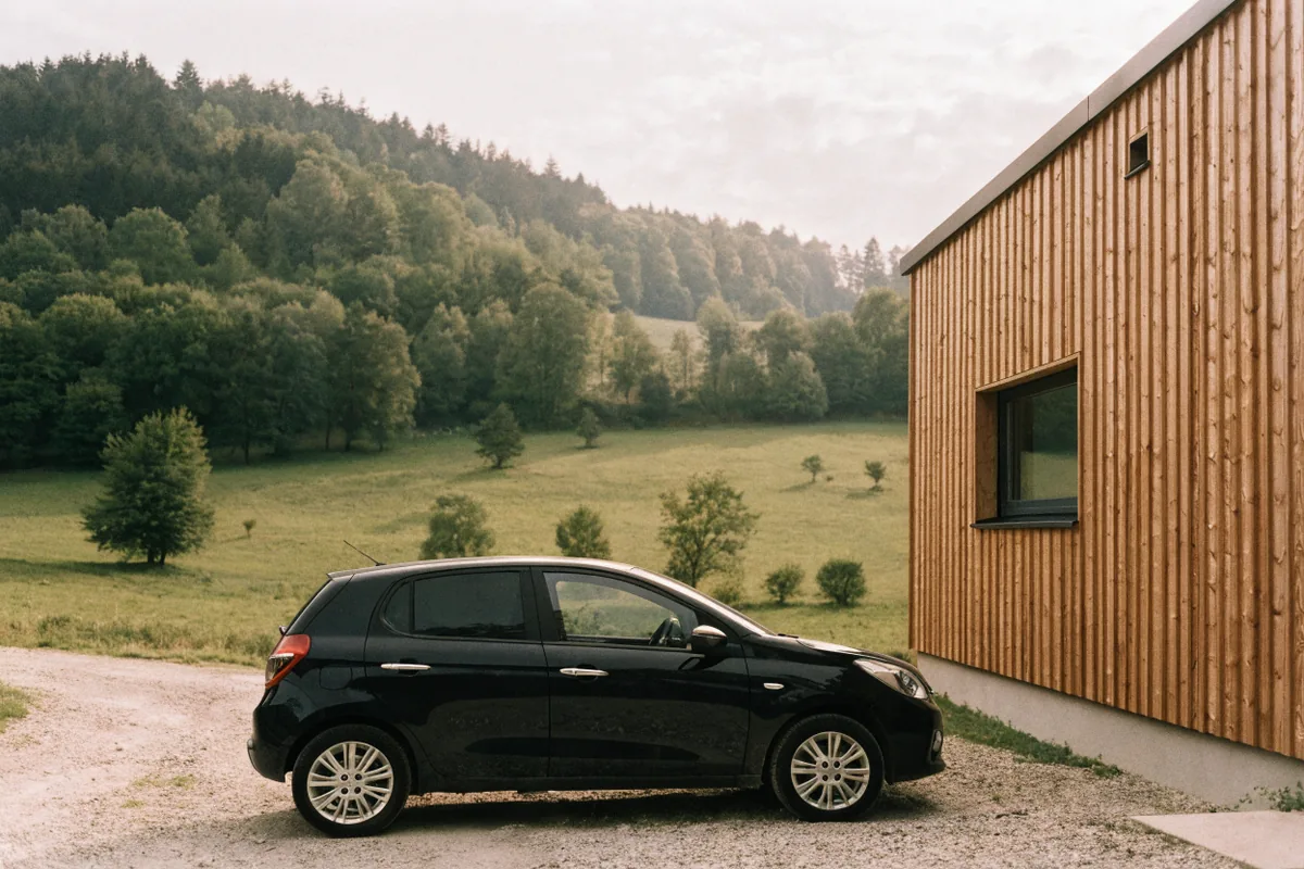 Schwarzer Pkw vor einem modernen Vorarlberger Holzhaus mit Lärchenschalung